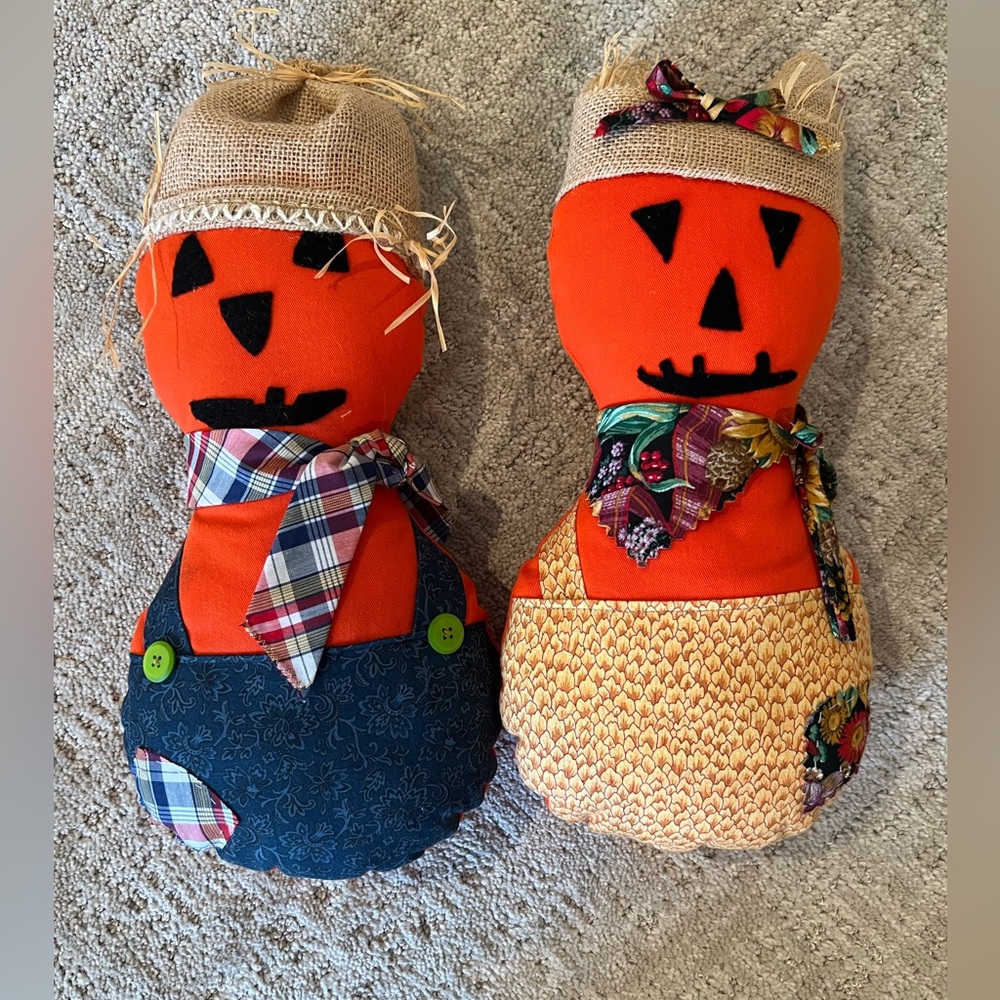 Pair of Handmade Primitive Pumpkin Dolls Vintage One-of-a-Kind Fall Decor